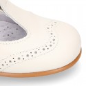 Nappa leather Little Classic T-Strap style shoes with perforated design.