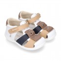 Washable leather Sandal shoes for little kids with crossed straps, hook and loop strap and EXTRA FLEXIBLE outsole.