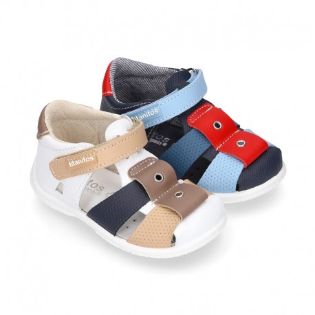 Washable leather Sandal shoes for little kids with crossed straps, hook and loop strap and EXTRA FLEXIBLE outsole.