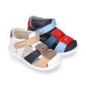 Washable leather Sandal shoes for little kids with crossed straps, hook and loop strap and EXTRA FLEXIBLE outsole.