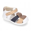 Washable leather Sandal shoes for little kids with crossed straps, hook and loop strap and EXTRA FLEXIBLE outsole.