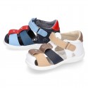 Washable leather Sandal shoes for little kids with crossed straps, hook and loop strap and EXTRA FLEXIBLE outsole.