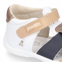 Washable leather Sandal shoes for little kids with crossed straps, hook and loop strap and EXTRA FLEXIBLE outsole.