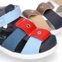 Washable leather Sandal shoes for little kids with crossed straps, hook and loop strap and EXTRA FLEXIBLE outsole.