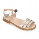 METAL and white Nappa leather Girl sandal shoes with hook and loop closure.