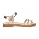 METAL and white Nappa leather Girl sandal shoes with hook and loop closure.