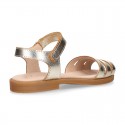 METAL and white Nappa leather Girl sandal shoes with hook and loop closure.