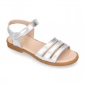 METAL and white Nappa leather Girl sandal shoes with hook and loop closure.