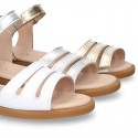 METAL and white Nappa leather Girl sandal shoes with hook and loop closure.