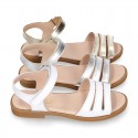 METAL and white Nappa leather Girl sandal shoes with hook and loop closure.