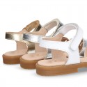 METAL and white Nappa leather Girl sandal shoes with hook and loop closure.