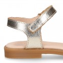 METAL and white Nappa leather Girl sandal shoes with hook and loop closure.