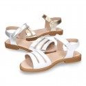 METAL and white Nappa leather Girl sandal shoes with hook and loop closure.