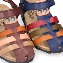 Nappa Leather sandals BIO style with hook and loop strap and crossed straps design for kids.