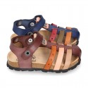 Nappa Leather sandals BIO style with hook and loop strap and crossed straps design for kids.