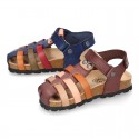 Nappa Leather sandals BIO style with hook and loop strap and crossed straps design for kids.