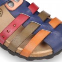 Nappa Leather sandals BIO style with hook and loop strap and crossed straps design for kids.