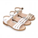 METAL and white Nappa leather Girl sandal shoes with hook and loop closure.