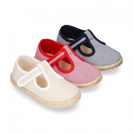 Stripes print Cotton canvas T-Strap espadrille shoes with hook and loop strap.