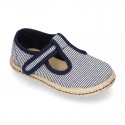 Stripes print Cotton canvas T-Strap espadrille shoes with hook and loop strap.