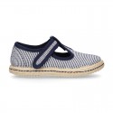 Stripes print Cotton canvas T-Strap espadrille shoes with hook and loop strap.