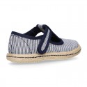 Stripes print Cotton canvas T-Strap espadrille shoes with hook and loop strap.