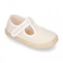 Stripes print Cotton canvas T-Strap espadrille shoes with hook and loop strap.