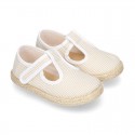 Stripes print Cotton canvas T-Strap espadrille shoes with hook and loop strap.