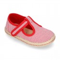 Stripes print Cotton canvas T-Strap espadrille shoes with hook and loop strap.