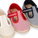 Stripes print Cotton canvas T-Strap espadrille shoes with hook and loop strap.