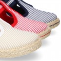 Stripes print Cotton canvas T-Strap espadrille shoes with hook and loop strap.