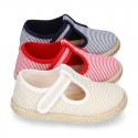 Stripes print Cotton canvas T-Strap espadrille shoes with hook and loop strap.