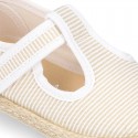 Stripes print Cotton canvas T-Strap espadrille shoes with hook and loop strap.