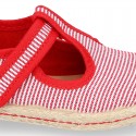 Stripes print Cotton canvas T-Strap espadrille shoes with hook and loop strap.