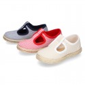 Stripes print Cotton canvas T-Strap espadrille shoes with hook and loop strap.