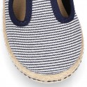 Stripes print Cotton canvas T-Strap espadrille shoes with hook and loop strap.