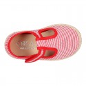 Stripes print Cotton canvas T-Strap espadrille shoes with hook and loop strap.