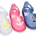 NAUTICAL design kids jelly shoes for the Beach and Pool with hook and loop strap closure.