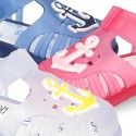 NAUTICAL design kids jelly shoes for the Beach and Pool with hook and loop strap closure.