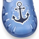 NAUTICAL design kids jelly shoes for the Beach and Pool with hook and loop strap closure.