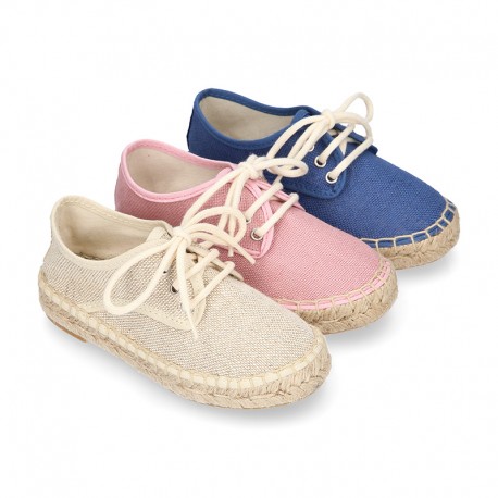 LINEN canvas Laces up style kids espadrille shoes.