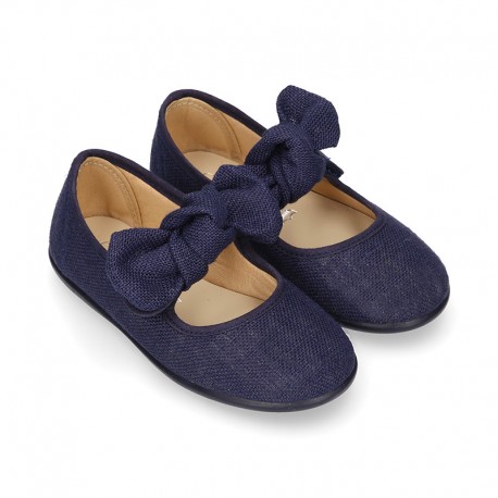 Stylized little Girl Mary Jane shoes with hook and loop strap with double bow in BLUE LINEN.