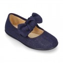 Stylized little Girl Mary Jane shoes with hook and loop strap with double bow in BLUE LINEN.