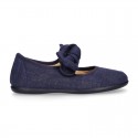 Stylized little Girl Mary Jane shoes with hook and loop strap with double bow in BLUE LINEN.