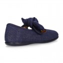 Stylized little Girl Mary Jane shoes with hook and loop strap with double bow in BLUE LINEN.