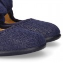 Stylized little Girl Mary Jane shoes with hook and loop strap with double bow in BLUE LINEN.