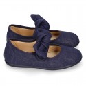 Stylized little Girl Mary Jane shoes with hook and loop strap with double bow in BLUE LINEN.