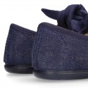 Stylized little Girl Mary Jane shoes with hook and loop strap with double bow in BLUE LINEN.