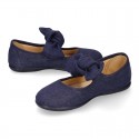 Stylized little Girl Mary Jane shoes with hook and loop strap with double bow in BLUE LINEN.
