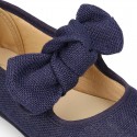 Stylized little Girl Mary Jane shoes with hook and loop strap with double bow in BLUE LINEN.